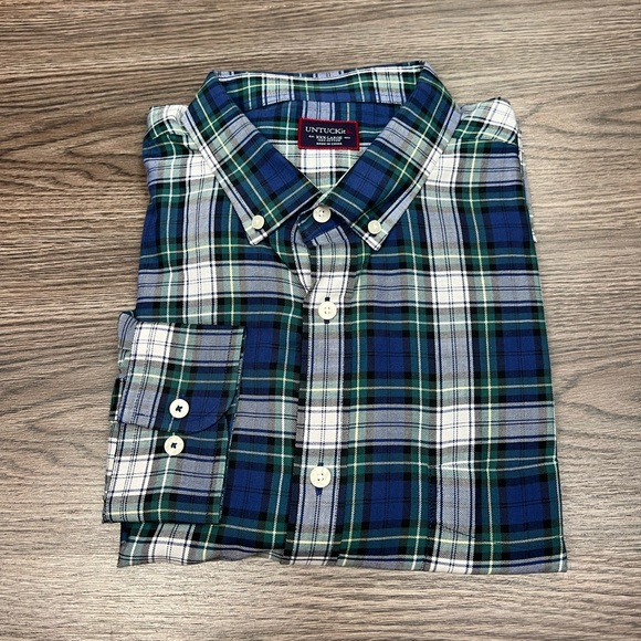 Untuckit Navy Green White Tartan Plaid 